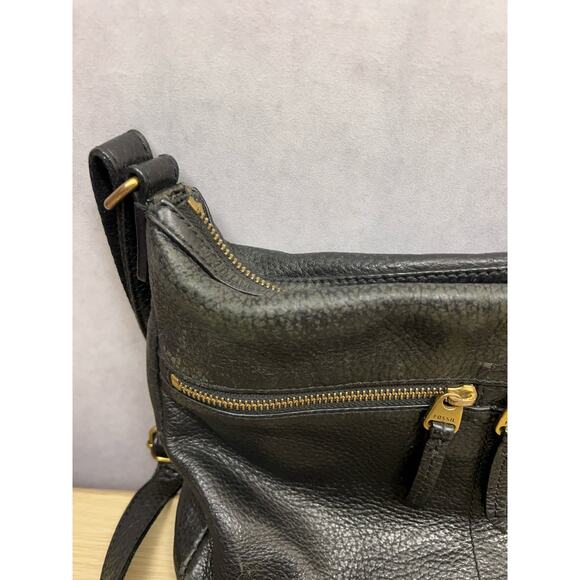 Vintage Fossil Pebbled Soft Black Cow Hide Leather Two Zip Pockets Shoulder Bag - Picture 5 of 14